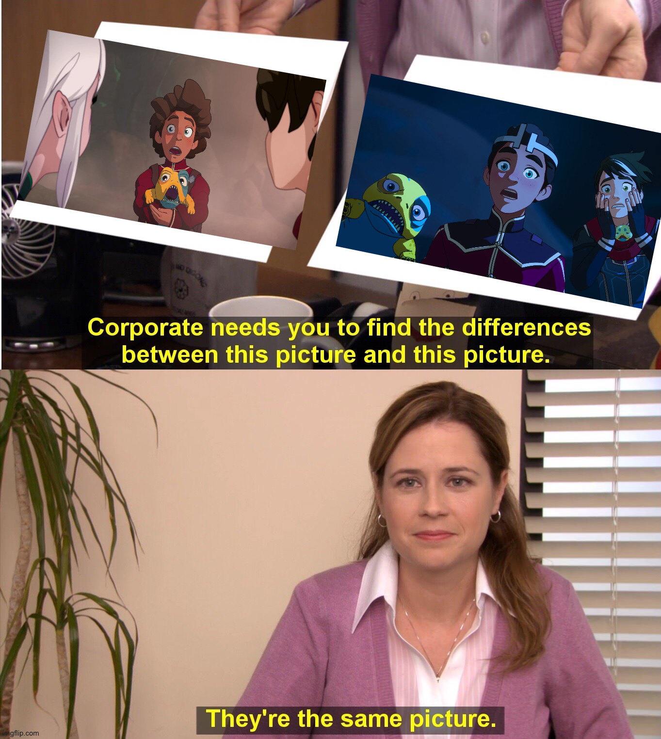 Two images of 'The Dragon Prince' in the meme 'They Are The Same Picture' of 'The Office'. In the first one Bait and Ezren are saying 'Whaaat?!', in the second one we see Bait, Ezran, Callum and Sneezles doing the same.